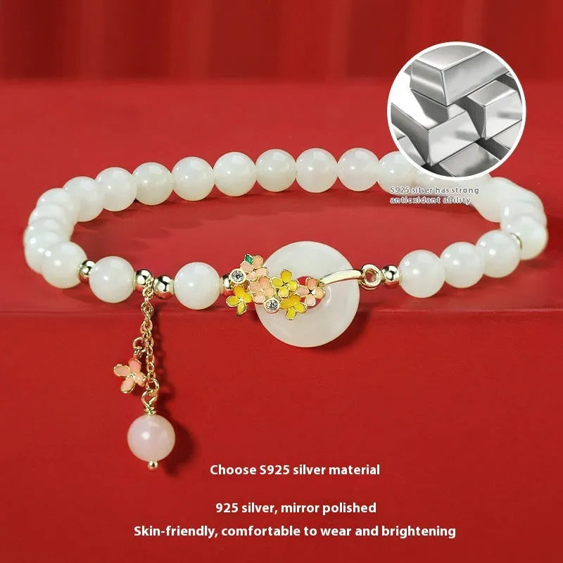 Osmanthus peace buckle bracelet with natural Hetian jade beads and 925 sterling silver setting