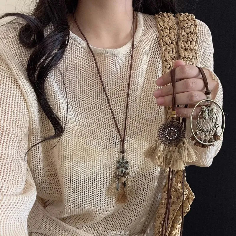 Retro ethnic style tassel long pendant necklace with copper alloy and acrylic in dreamcatcher colour