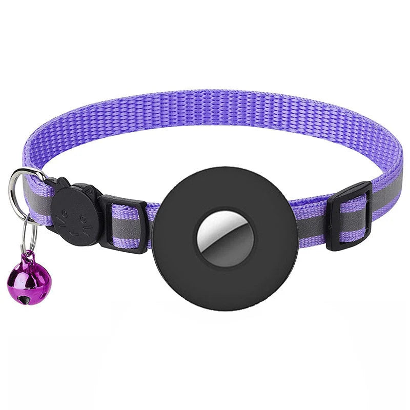 Reflective Airtag pet collar with bell for cats and dogs, adjustable and waterproof