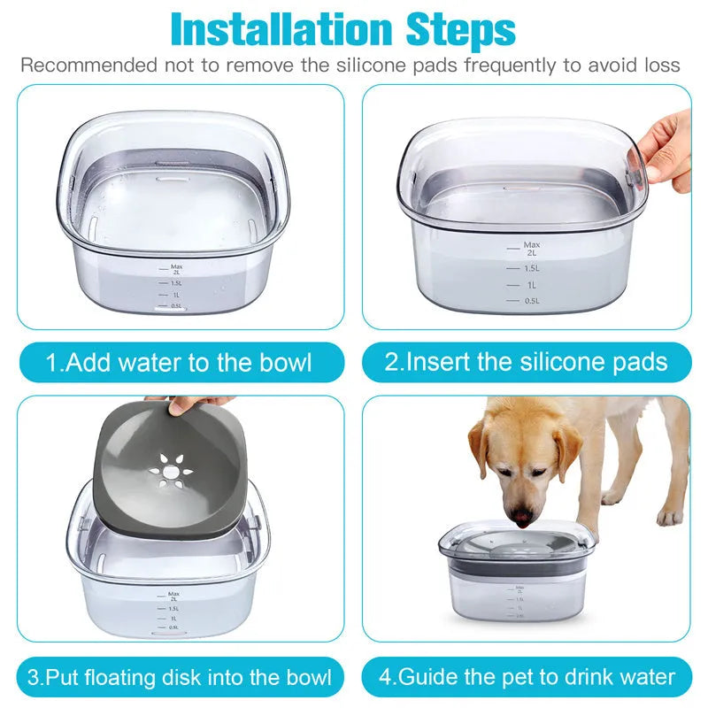 Transparent plastic dog water bowl with floating slow-feeder disk inside.