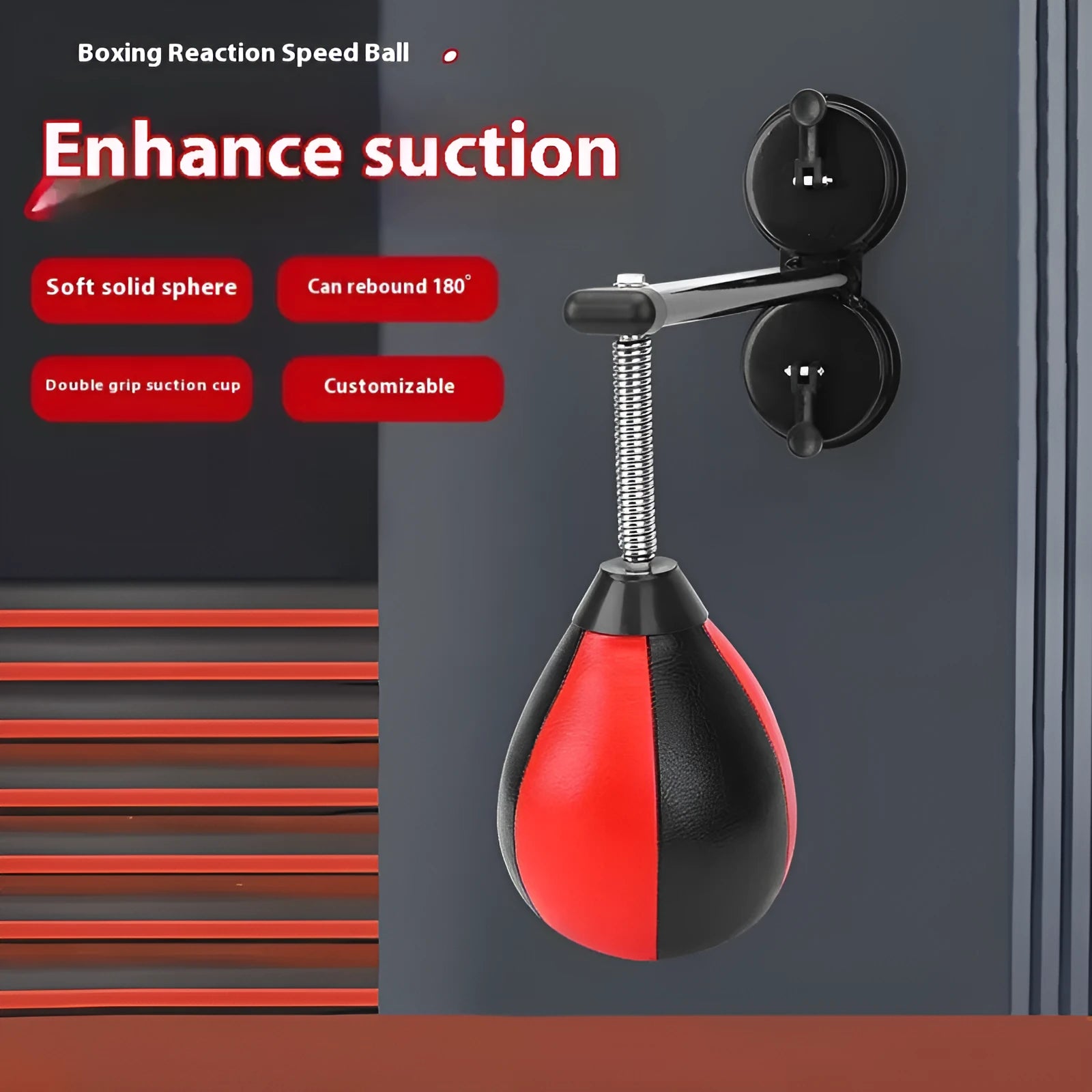 Pear-shaped hanging boxing training ball with suction cup mounting system on wall