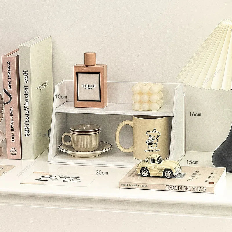 Solid wood multi-layer cup storage box in wood tone, with three layers for organising mugs and cups.