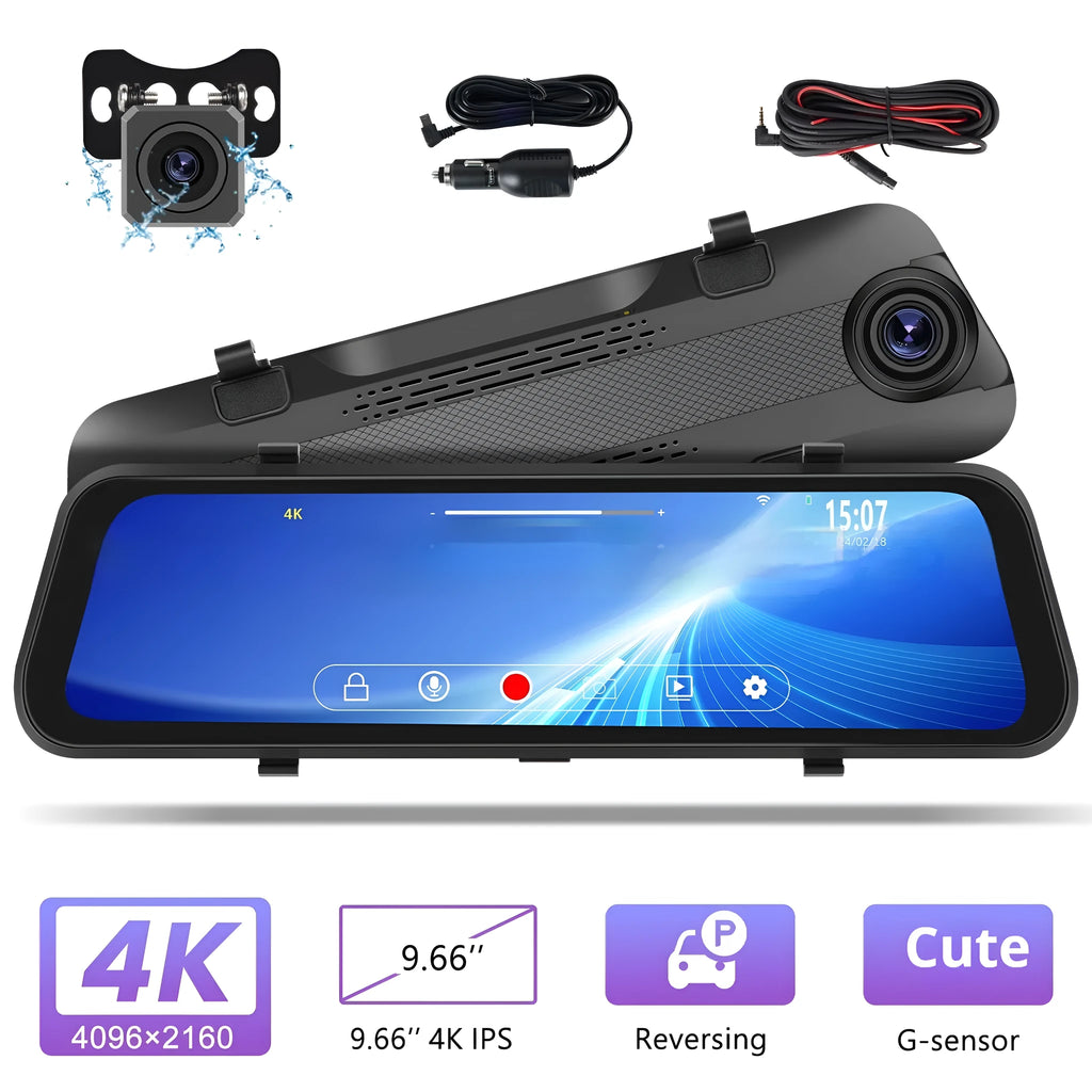 9.66 inch streaming media rearview mirror with touch screen and dual camera system for car.