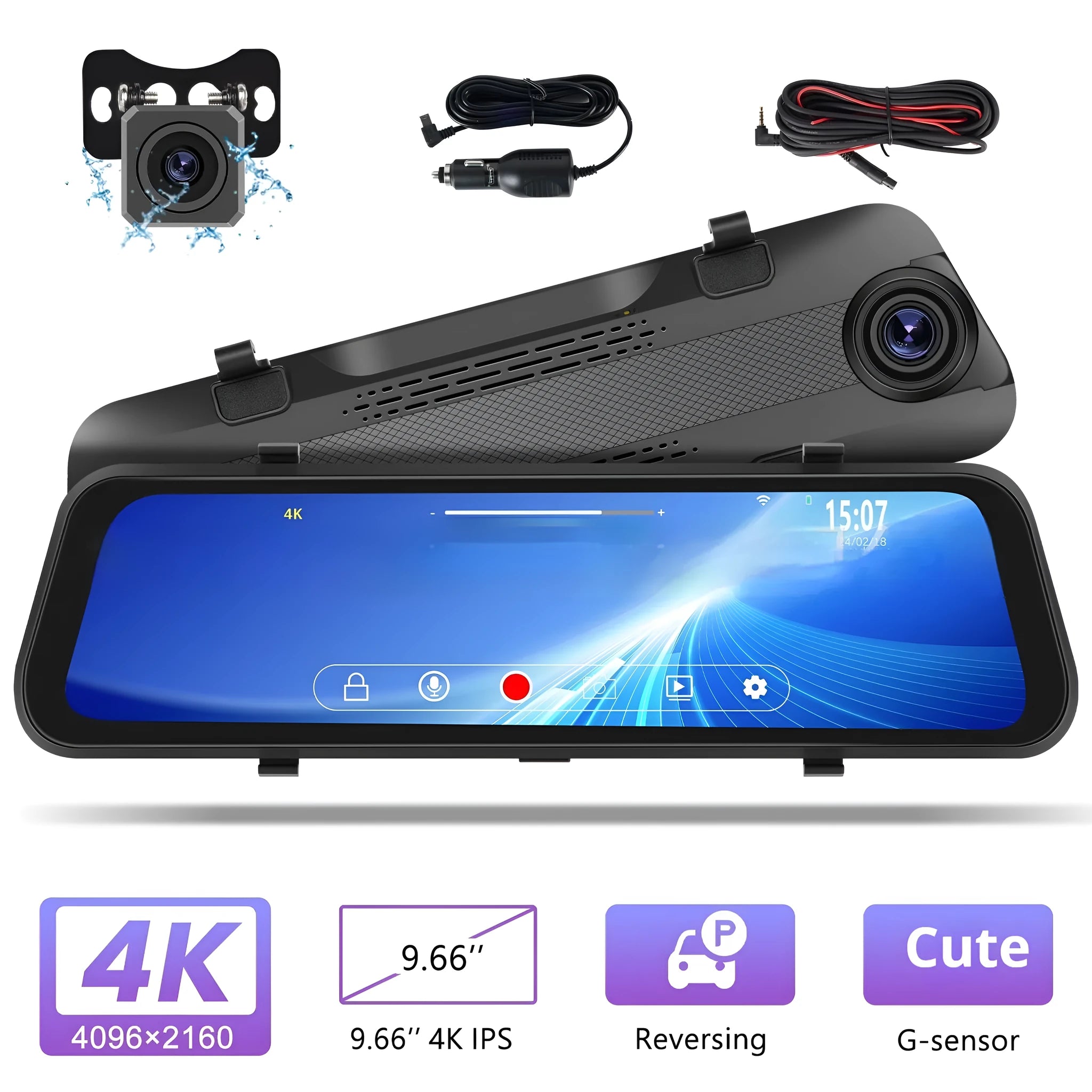9.66 inch streaming media rearview mirror with touch screen and dual camera system for car.
