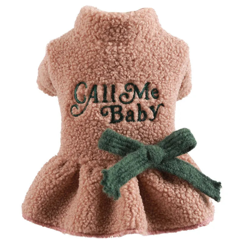Berber fleece pet skirt for dogs and cats in baby letter print design available in pink or dark blue