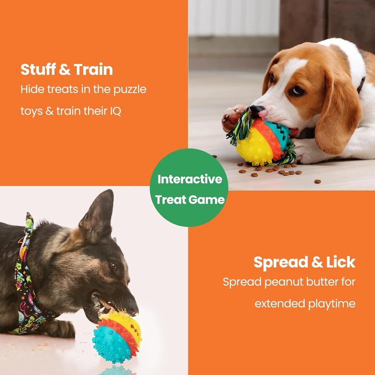 Blue and red ball-shaped dog chew toy with rope and treat hole for aggressive chewers.