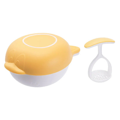 Manual baby food grinder set in blue and yellow with anti-slip rings