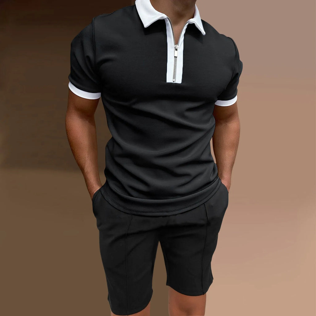 Men's printed polyester two-piece set comprising short sleeve top and matching shorts in casual colours