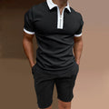 Men's printed polyester two-piece set comprising short sleeve top and matching shorts in casual colours