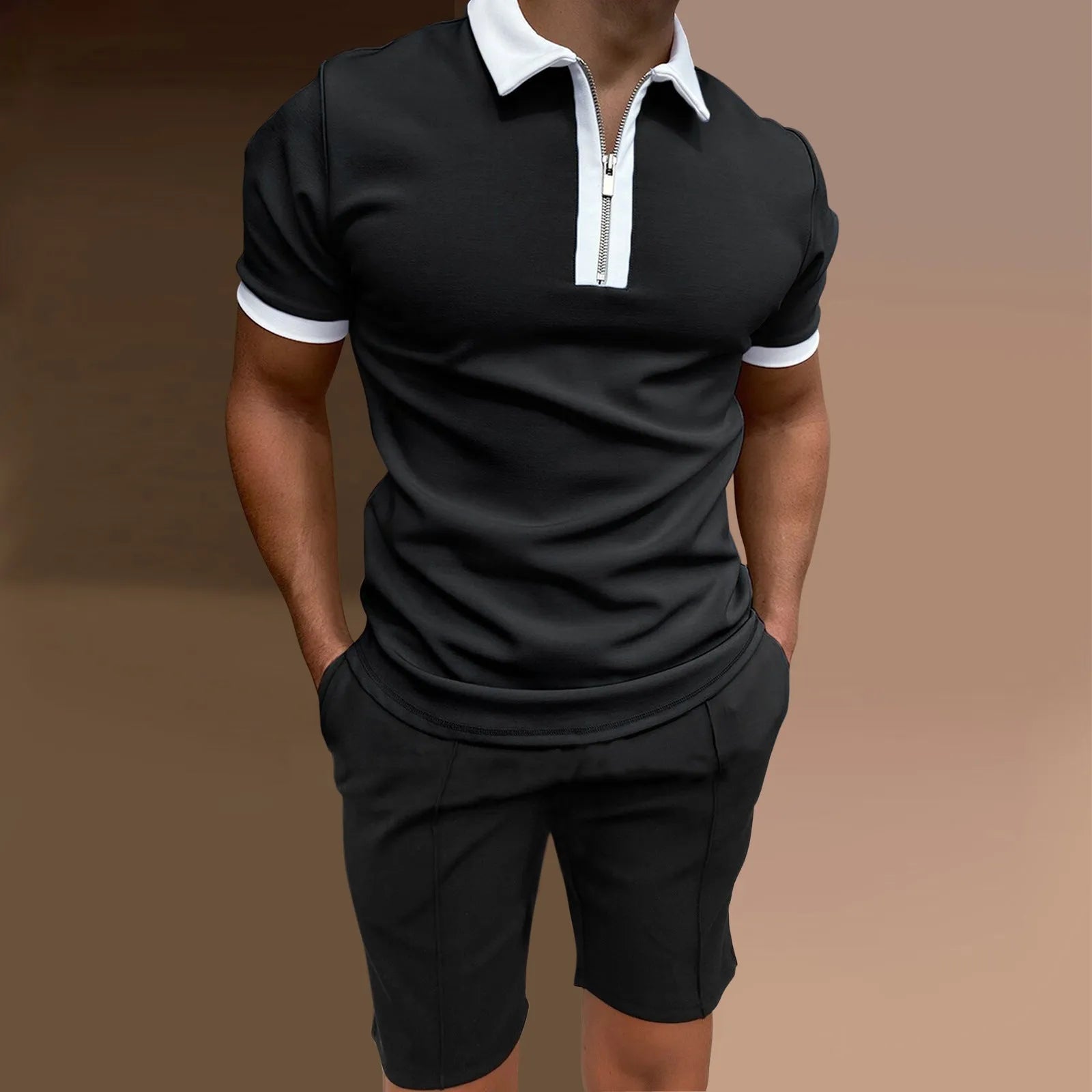 Men's printed polyester two-piece set comprising short sleeve top and matching shorts in casual colours