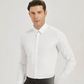 Men's white slim fit business suit cardigan shirt in milky white polyester fabric on model