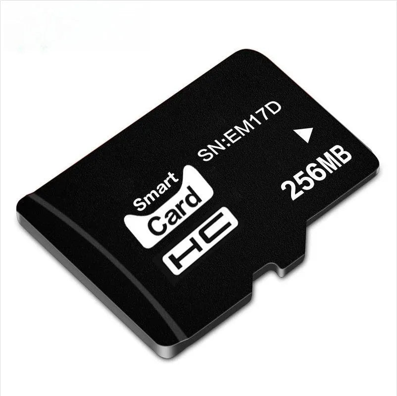 Close-up of a 256MB TF memory card with integrated mini speaker, showing its compact 11x15x1mm dimensions.