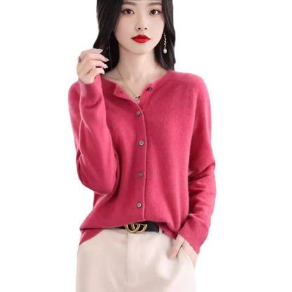 Women's merino wool cardigan in various colours, featuring an O-neck and long sleeves
