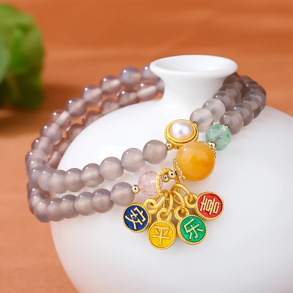 Women's handmade gray agate bracelet with a two-circle safe and happy retro design.