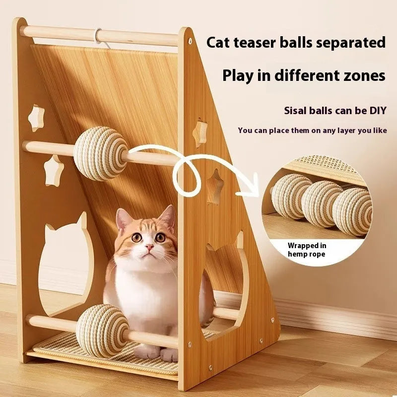 Vertical wall-mounted cat scratch board with sisal surface and a hemp rope teasing ball.