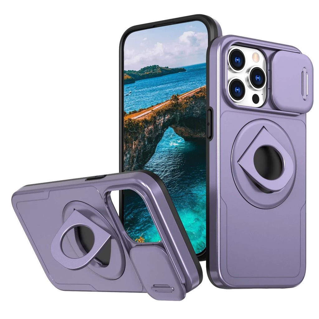 Black phone case with sliding window and magnetic ring bracket for Apple iPhone models