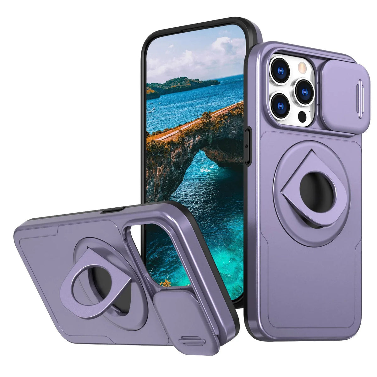 Black phone case with sliding window and magnetic ring bracket for Apple iPhone models