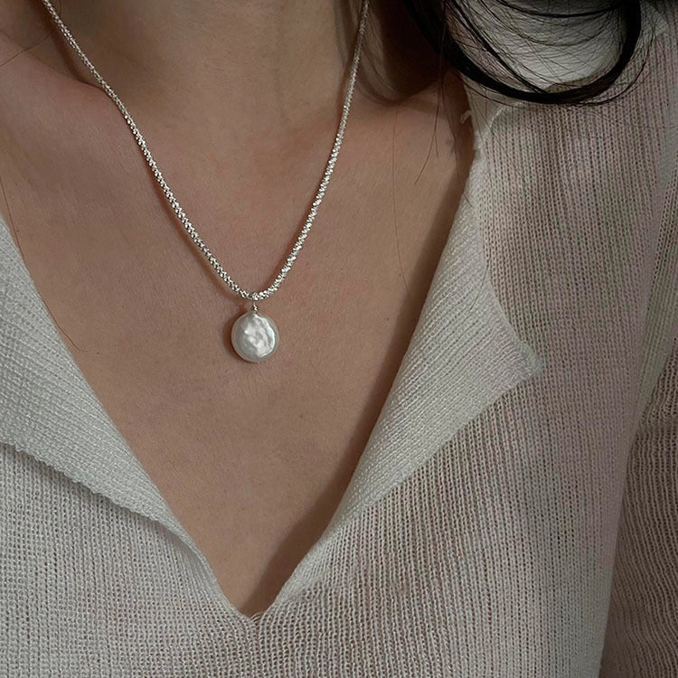 S925 Sterling Silver Baroque Pearl Necklace with starry sky chain design