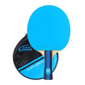 Table tennis racket with a long shakehand grip handle and matching cover, shown in pink, blue, and green colour options.