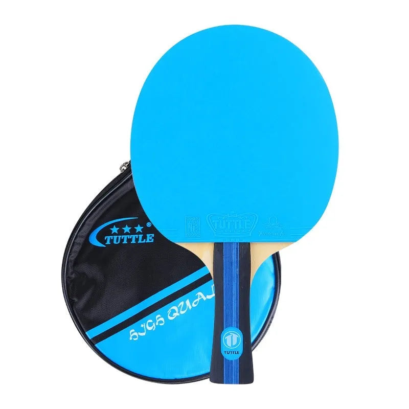 Table tennis racket with a long shakehand grip handle and matching cover, shown in pink, blue, and green colour options.