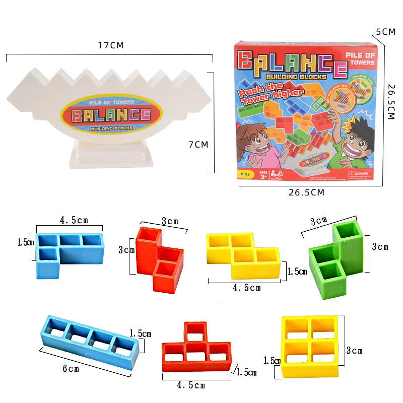 Plastic balancing stacking game with 16 colourful blocks and chassis for family entertainment