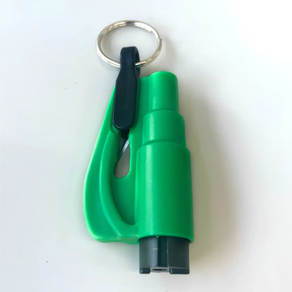 Green wrist strap self-defence key chain with perfume bottle, window breaker, alarm, and stick attachments, 10cm holder