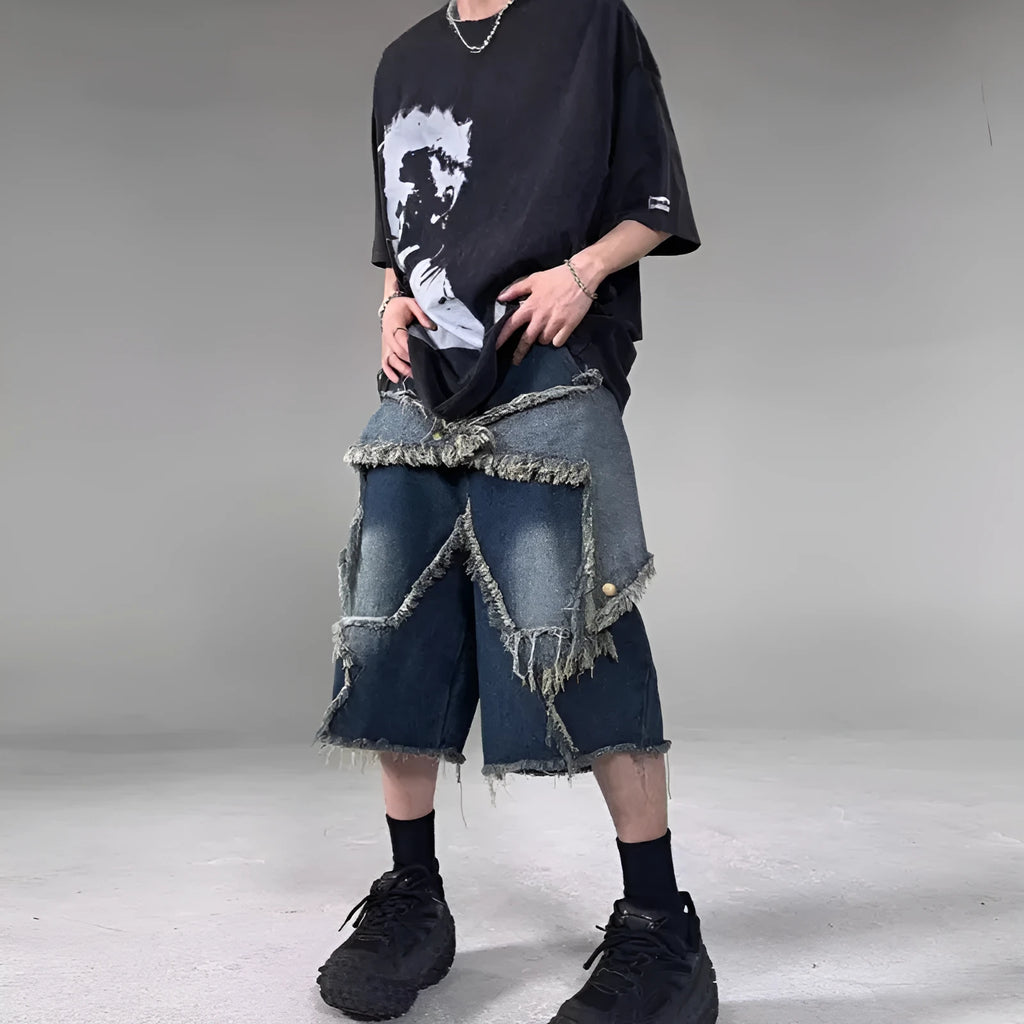 Men's blue retro denim shorts with frayed five-pointed star design and distressed detailing