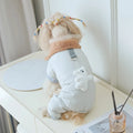 Light green cotton pet clothing with extra thick band and toy bear pendant on a dog
