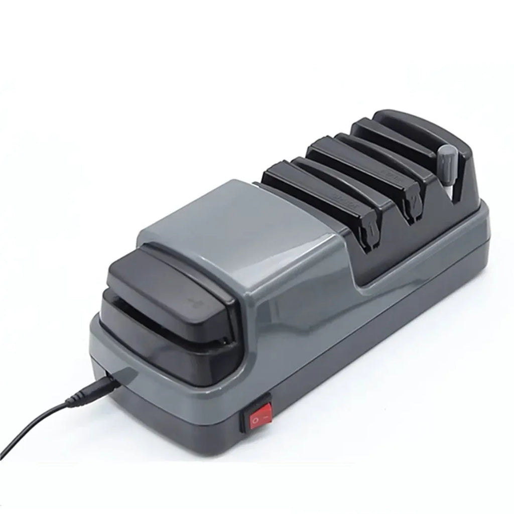 Gray multifunctional electric knife sharpener with diamond wheel and ceramic rod for garden axe and kitchen blades