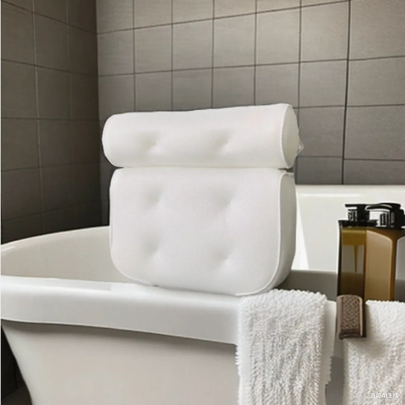 White 4D mesh bathtub pillow with non-slip suction cups, shown on a bathtub.
