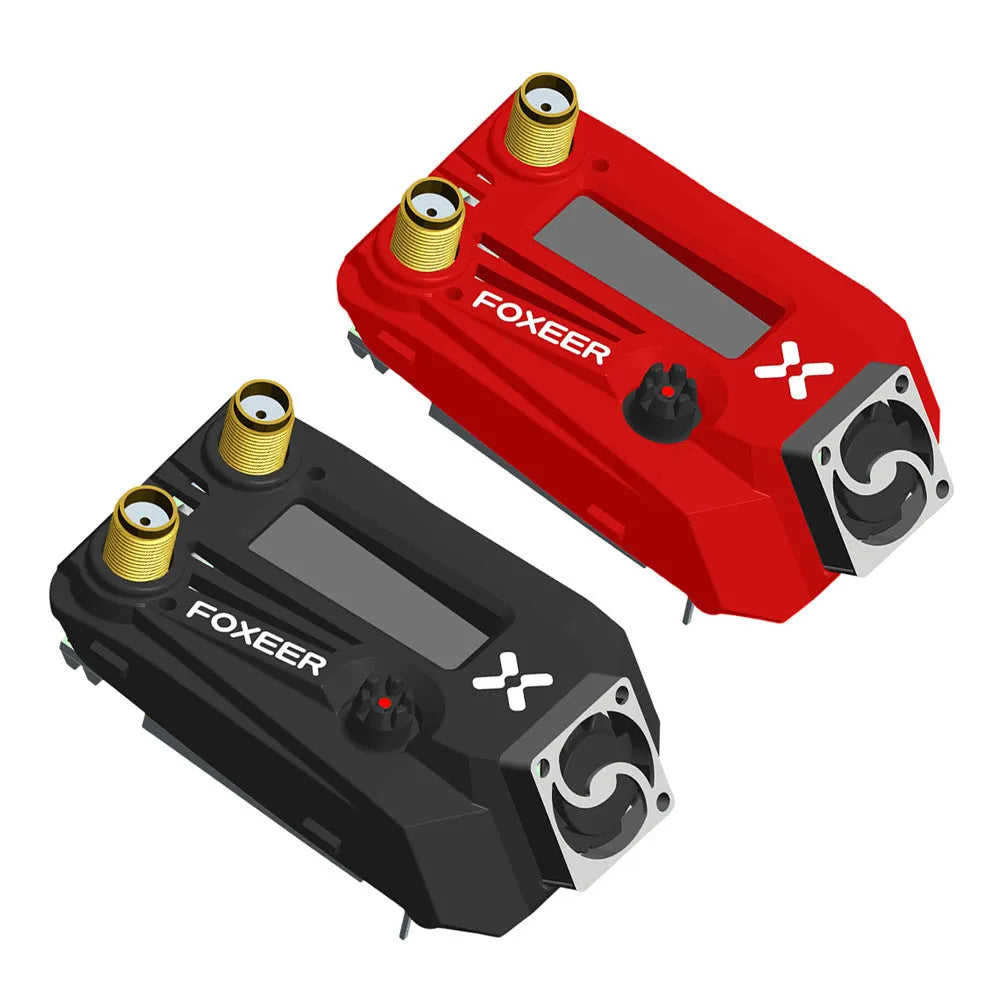 Wildfire black FPV dual receiver glasses shown from a side angle