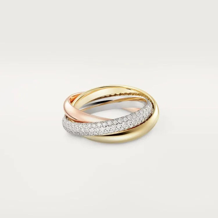 Sterling silver couple ring set showing full diamond, three diamond, and plain band options on a ring tray.