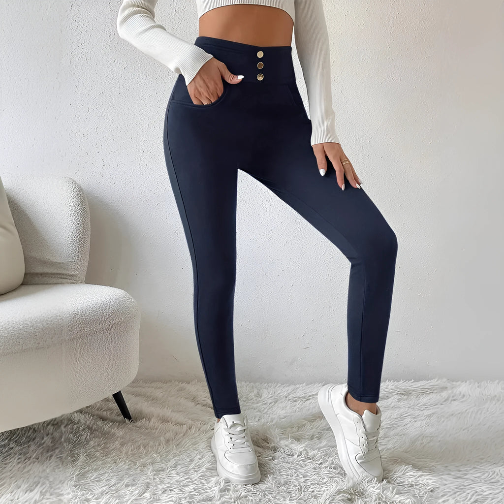 Navy blue women's high-waist slim fit straight leg casual trousers on a hanger.