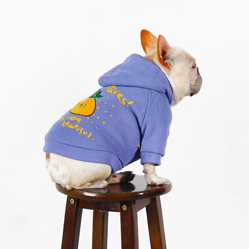 Blue and purple cotton cartoon print dog hoodie with a hood, sizes L XL 2XL 3XL 4XL