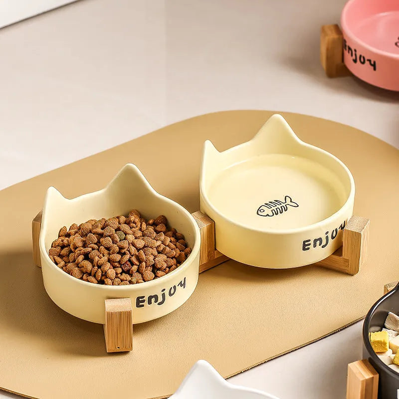 Porcelain cat bowl with cat ear design and wooden frame in choice of colours and patterns