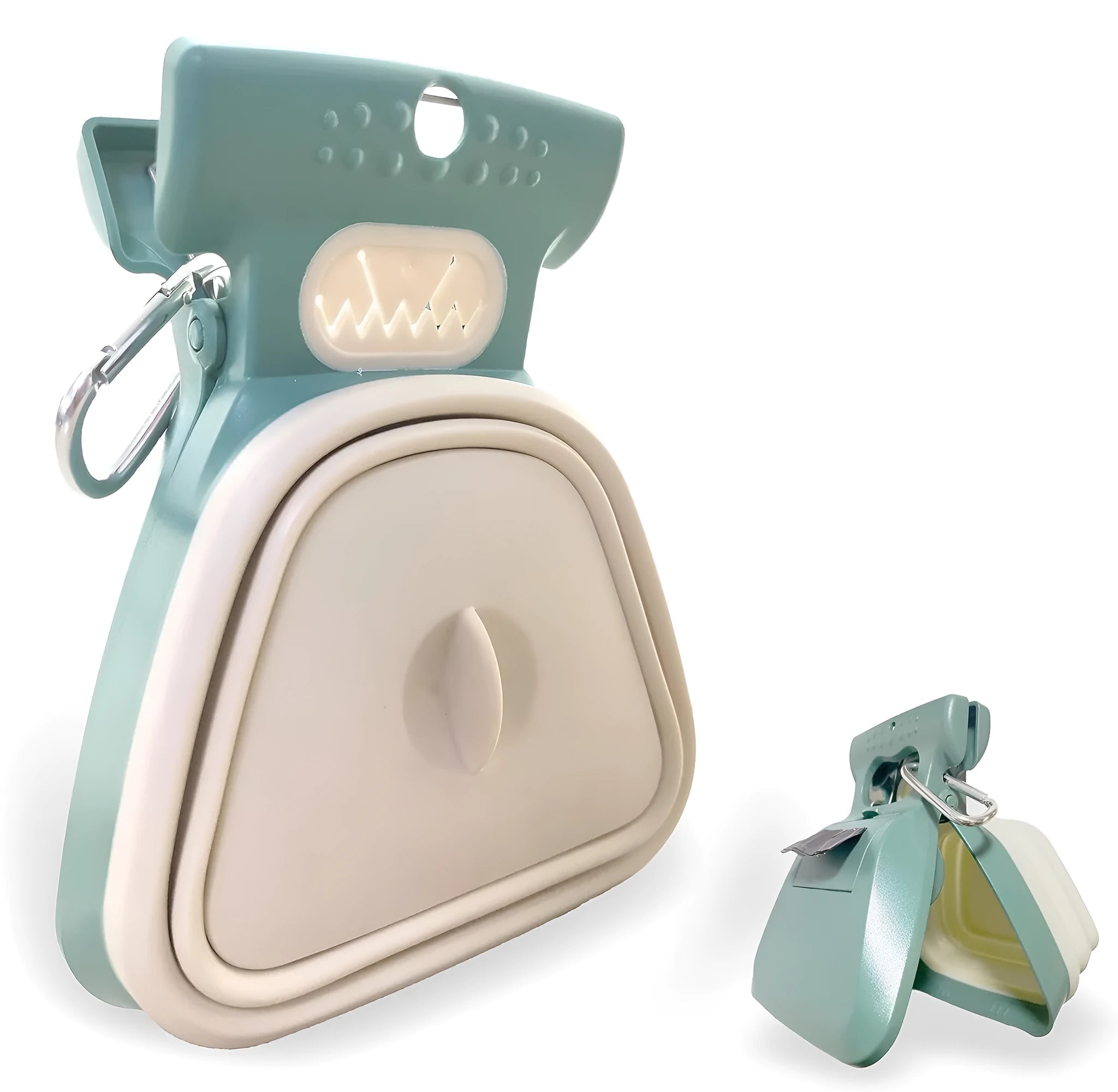 Blue handheld dog pooper scooper with attached bag dispenser and carabiner clip on a leash.