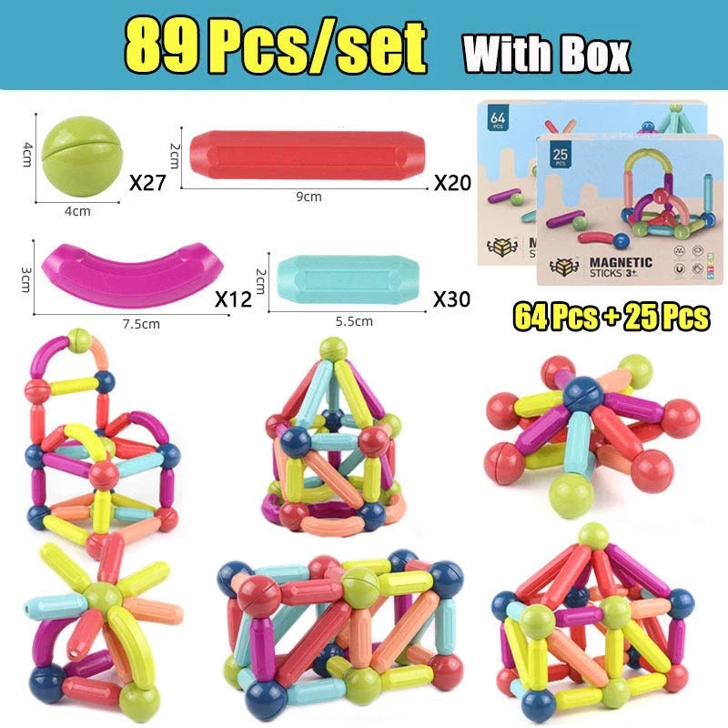 Magnetic building blocks and rods in various sizes and colors for creative play and early learning