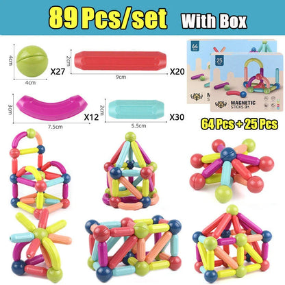 Magnetic building blocks and rods in various sizes and colors for creative play and early learning