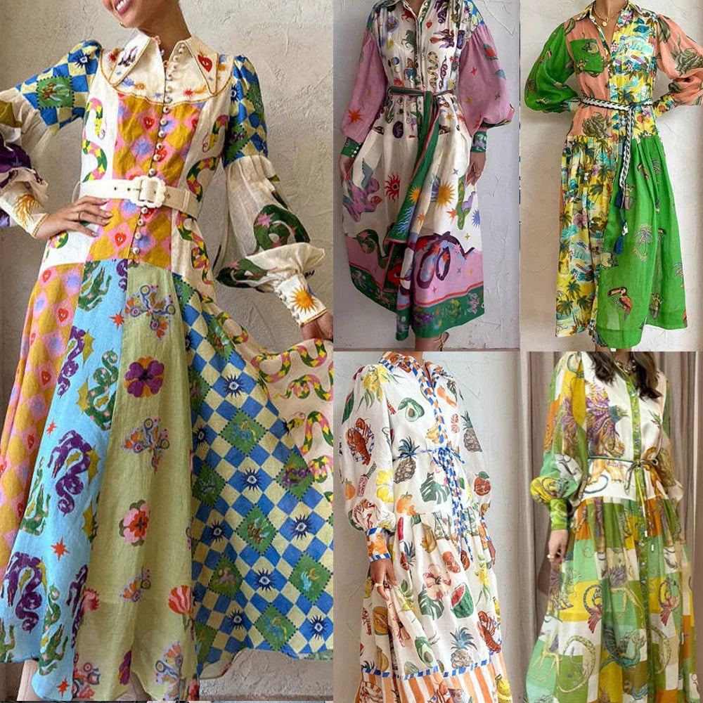 Women's A-line beach dress with long lantern sleeves and adjustable belts in various colours