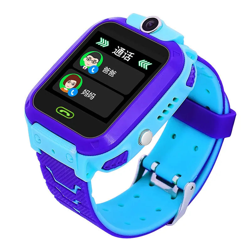 Blue children's waterproof phone watch with 1.44-inch screen showing GPS tracking interface
