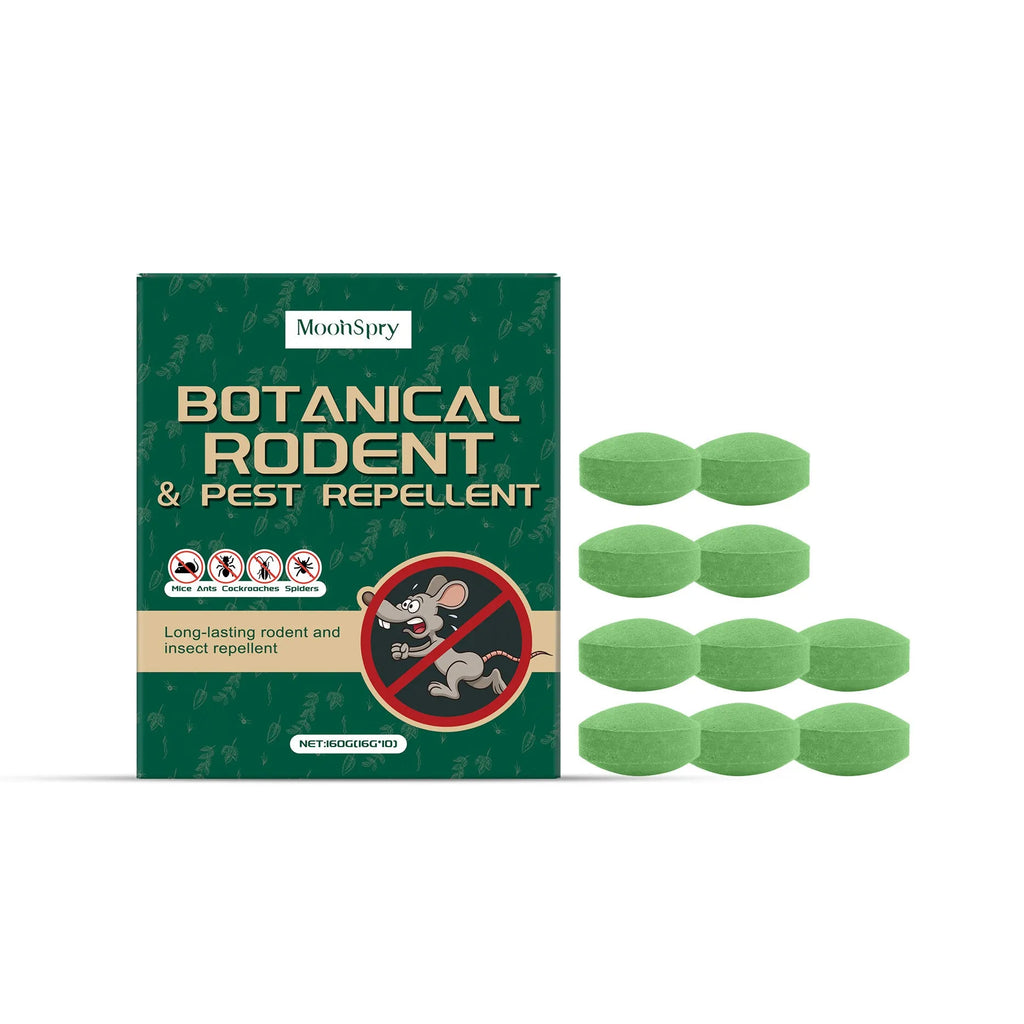 Warehouse anti-mouse repellent pill pack showing ten 16g units and three mesh storage bags for rodent control