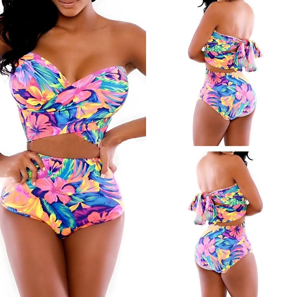 Red printed two-piece swimsuit set with chest wrap top, shown on a mannequin or flat lay.