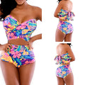 Red printed two-piece swimsuit set with chest wrap top, shown on a mannequin or flat lay.