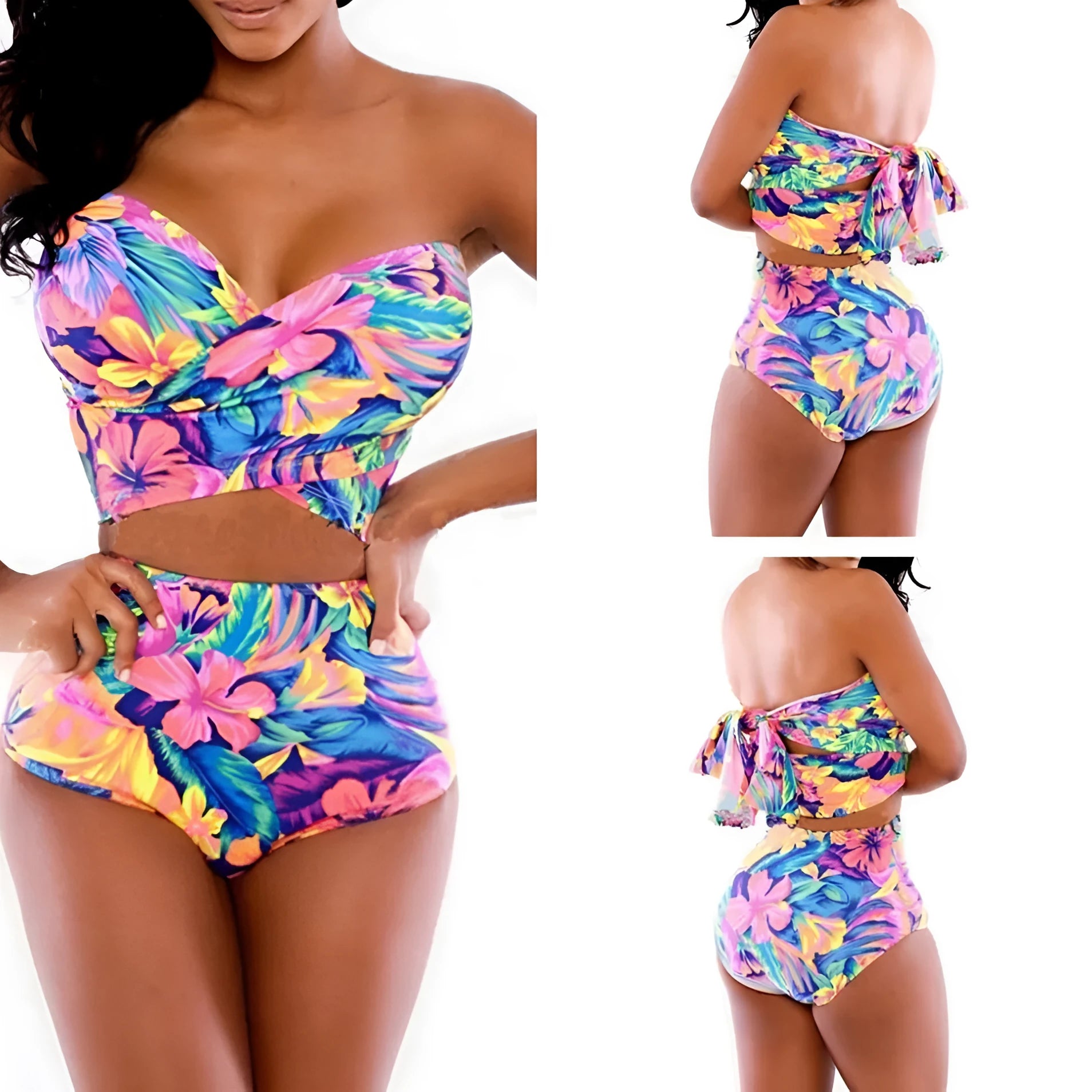 Red printed two-piece swimsuit set with chest wrap top, shown on a mannequin or flat lay.