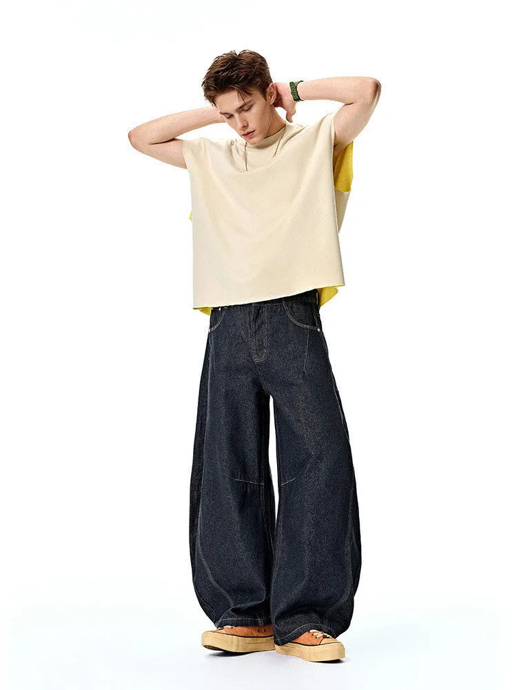 Men's wide leg denim trousers in original cow colour with mid waist and relaxed fit