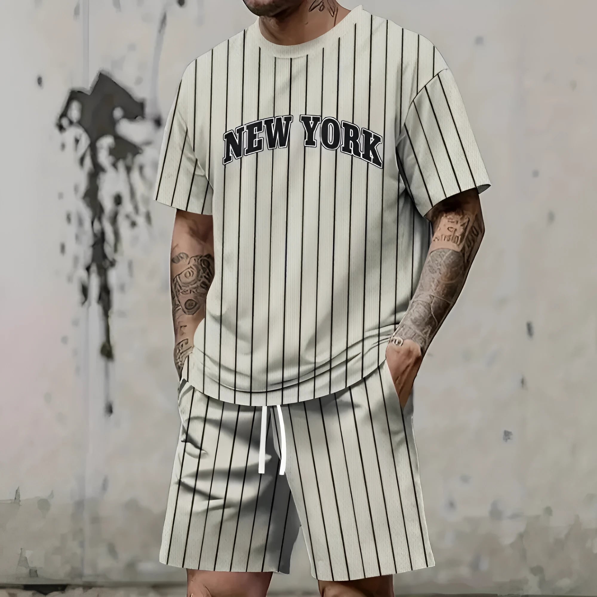 Man wearing a grey short sleeve top and matching shorts with a 3D printed white letter design.