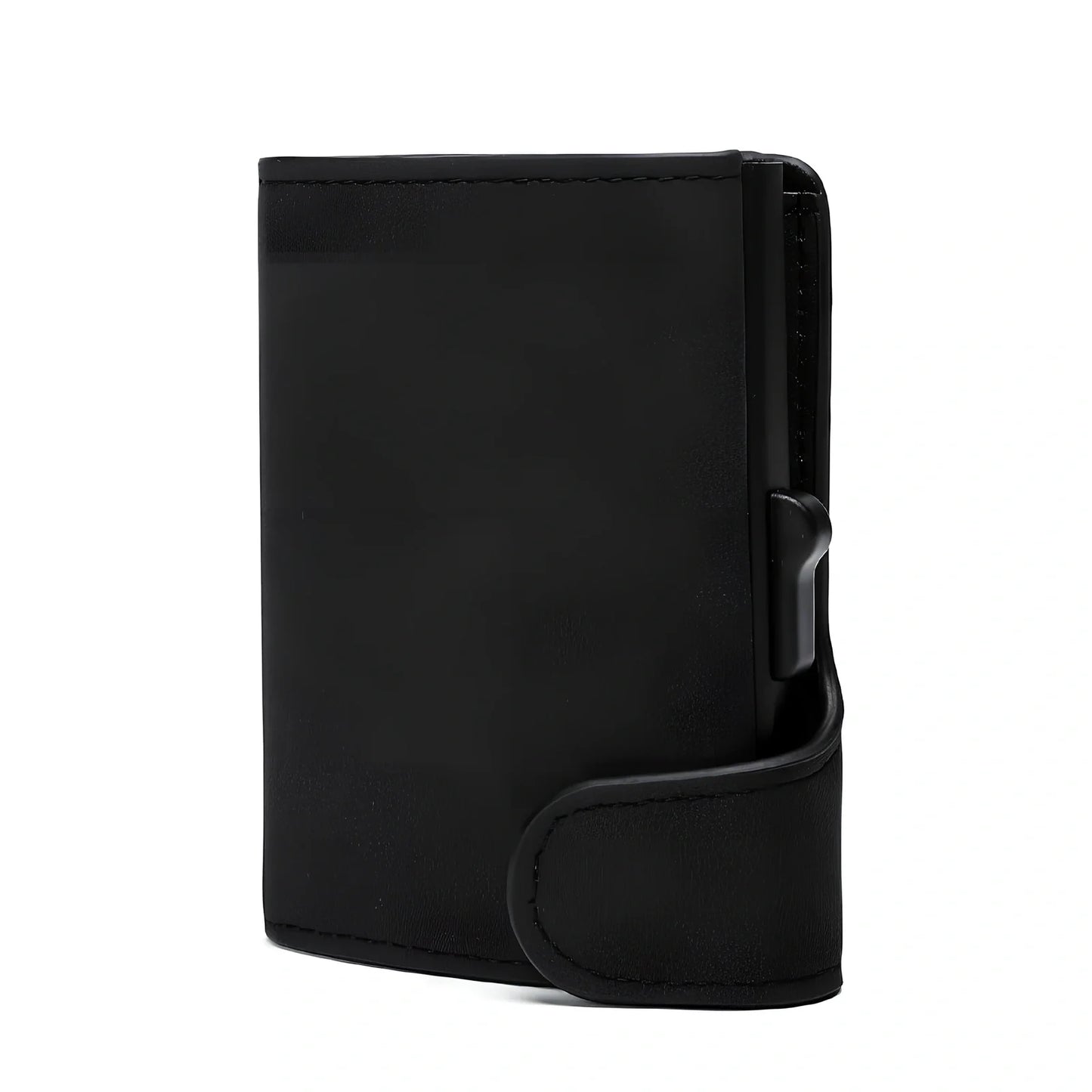 Black Crazy Horse leather aluminium card case wallet, 9.5 cm slim design with magnetic buckle and coin slot