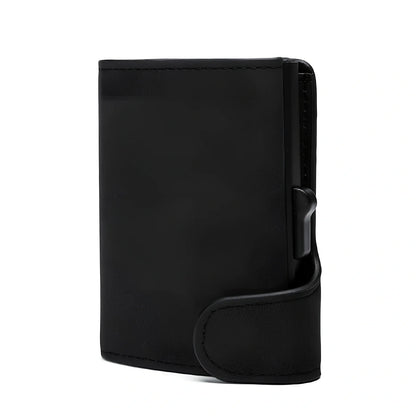 Black Crazy Horse leather aluminium card case wallet, 9.5 cm slim design with magnetic buckle and coin slot