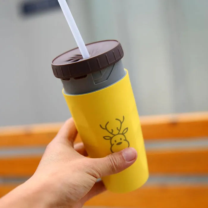 Cartoon pattern double-wall insulation travel tumbler with twist-top silicone seal and straw