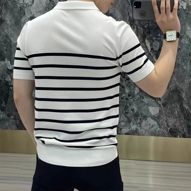 Black and white striped knitted T-shirt with a lapel collar, shown in Asian sizes M L XL 2XL 3XL.